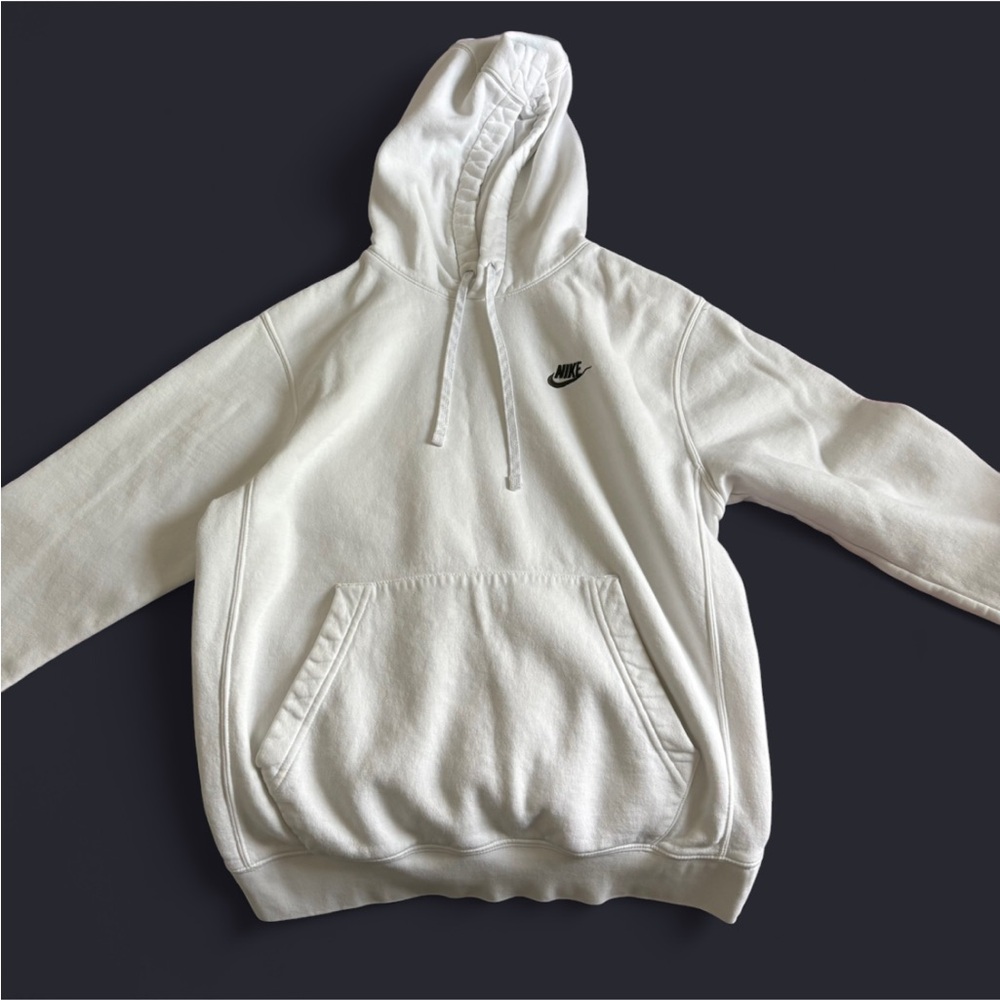 Nike White Pullover Sweater with Hood and Ribbed Cuffs